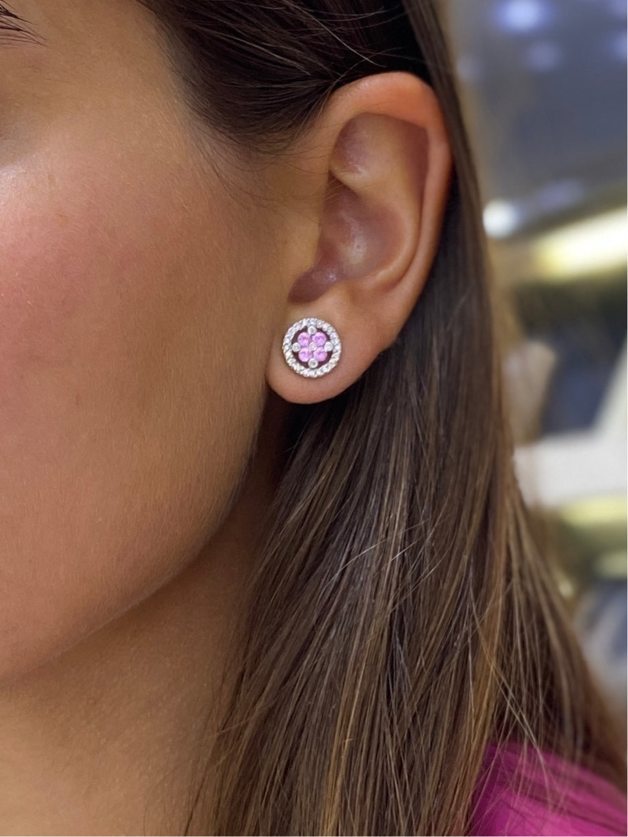 Halo Floral Shape Pink Sapphire and Diamond Stud Earrings in 14K White Gold