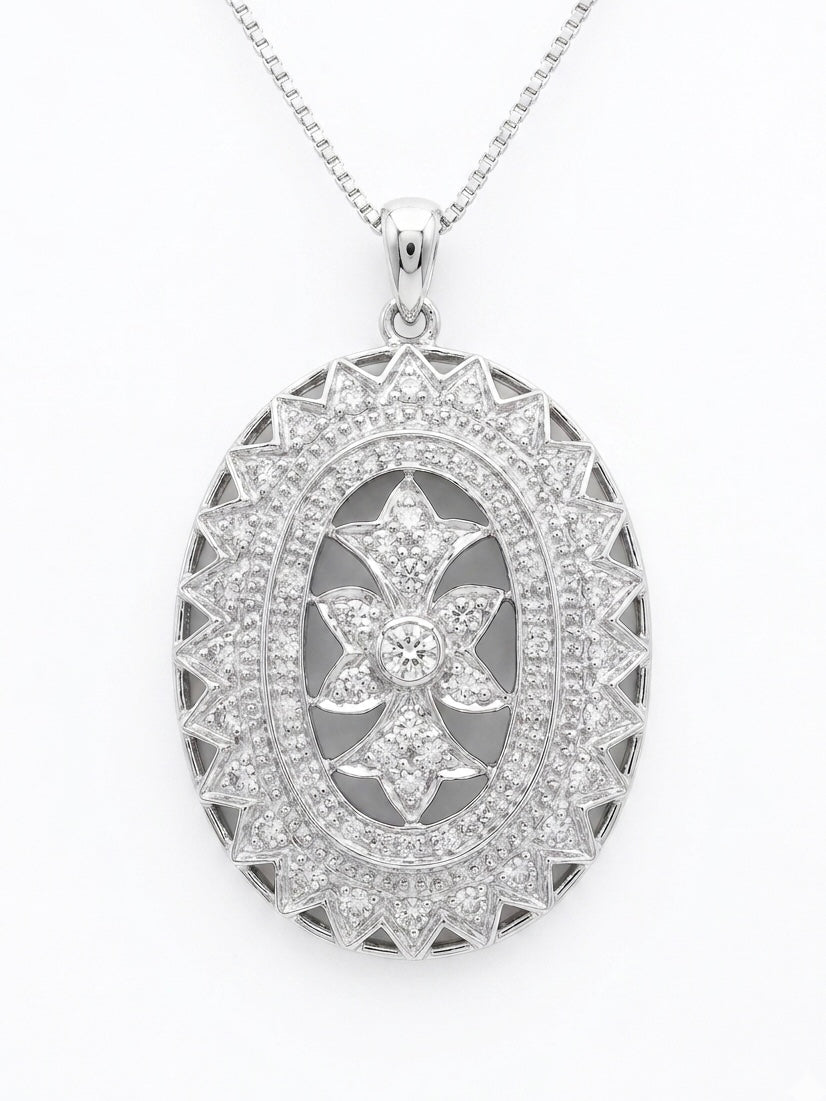 Vintage Style Diamond Oval Pendant in 14K White Gold