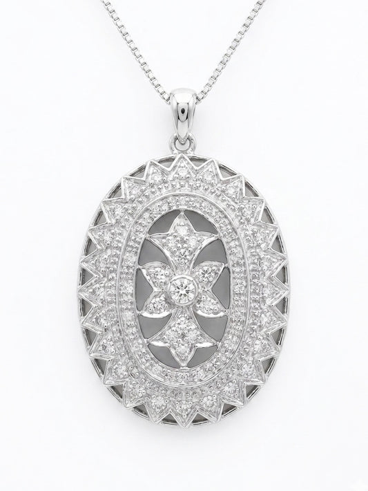 Vintage Style Diamond Oval Pendant in 14K White Gold