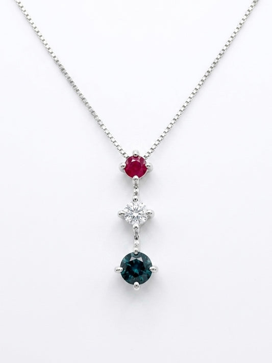 Three Stone Ruby, Diamond, and Sapphire Linear Pendant in 14K White Gold