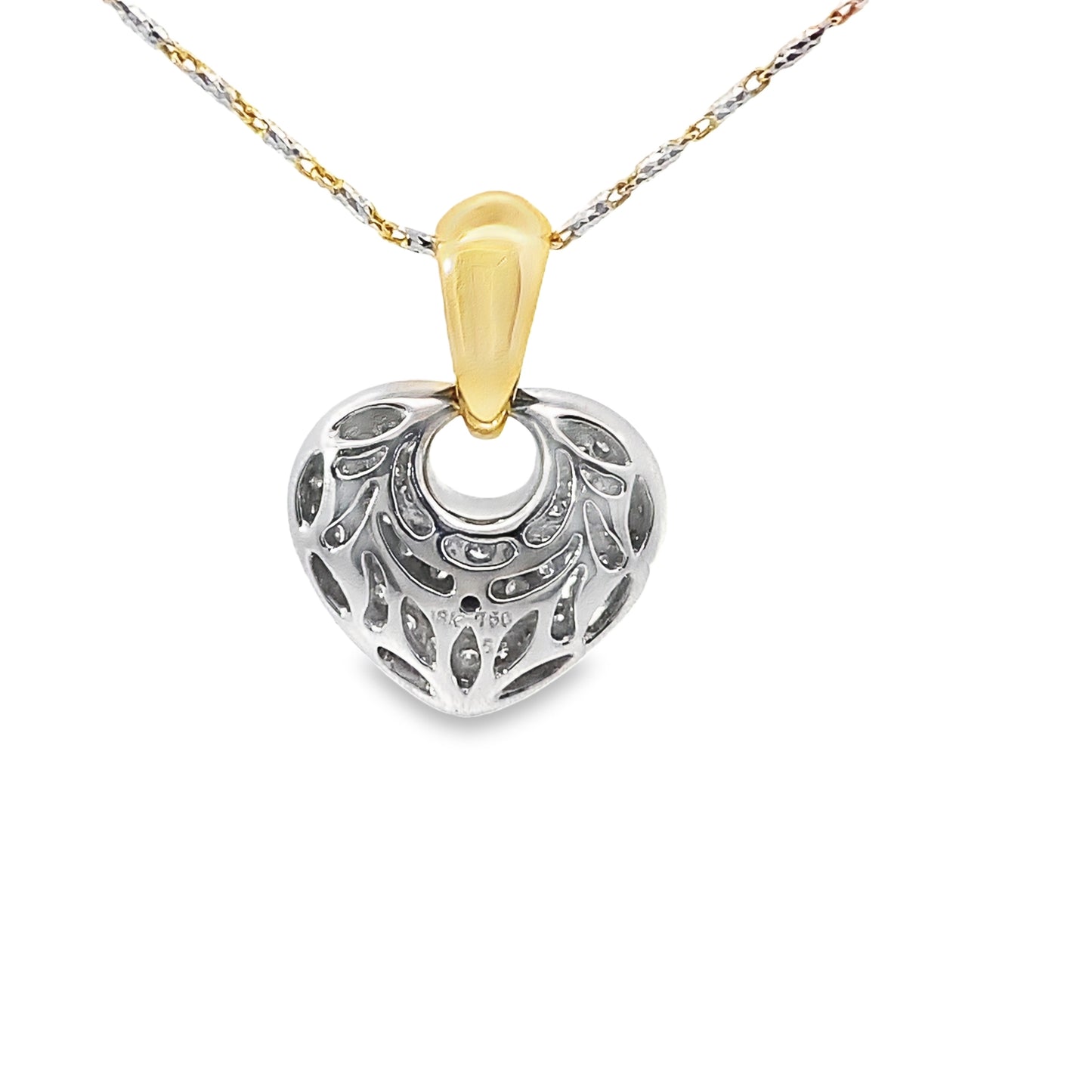 Two Tone Diamond Heart Pendant Necklace in 18K Yellow and White Gold