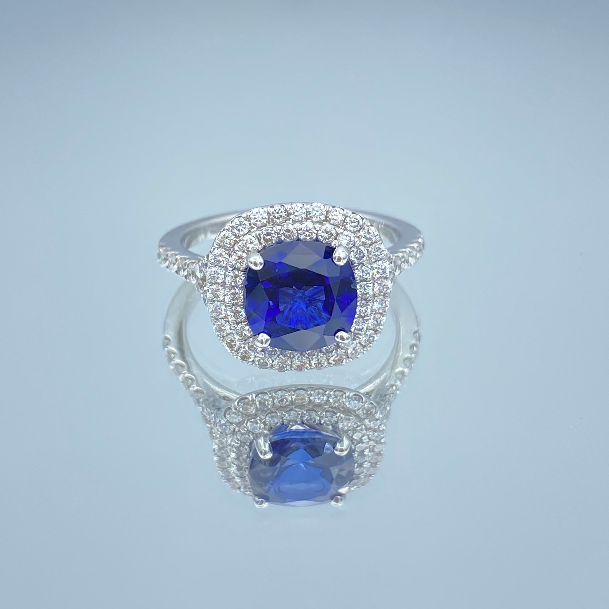 Double Halo Sapphire and Diamond Ring in 14K White Gold - L and L Jewelry