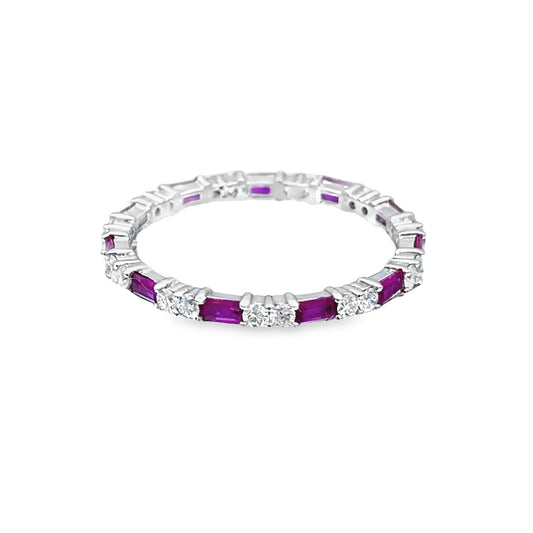 Alternating Baguette-Cut Ruby and Round-Cut Diamond Eternity Ring in 14K White Gold