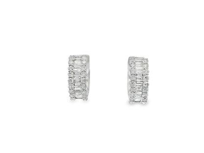 Baguette and Round Cut Diamond Hoop Huggies Earrings in 14K White Gold