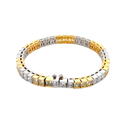 Yellow and White Diamond Princess Cut Tennis Bracelet in 18K Gold and Platinum Two Tone