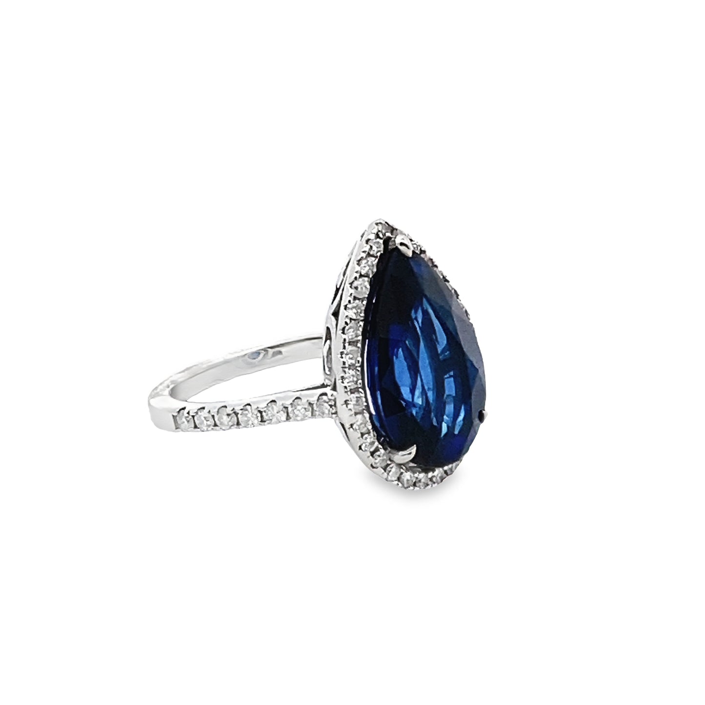 Pear-Shape Sapphire Ring with a Diamond Halo in 14K White Gold