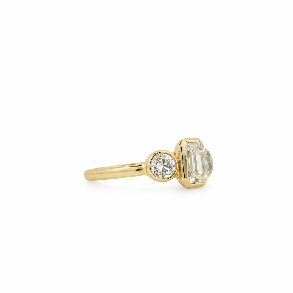 Three Stone Emerald Center Diamond Engagement Ring in 14K Yellow Gold
