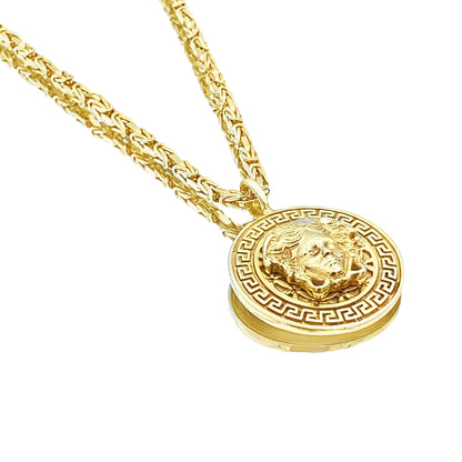 Versace Style Medusa Pendant Necklace with Byzantine Chain in 14K Yellow Gold