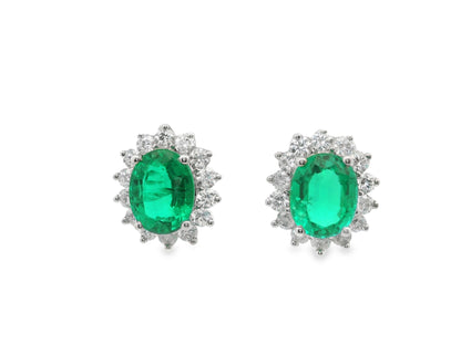 Oval-Cut Green Emerald and Diamond Halo Stud Earrings