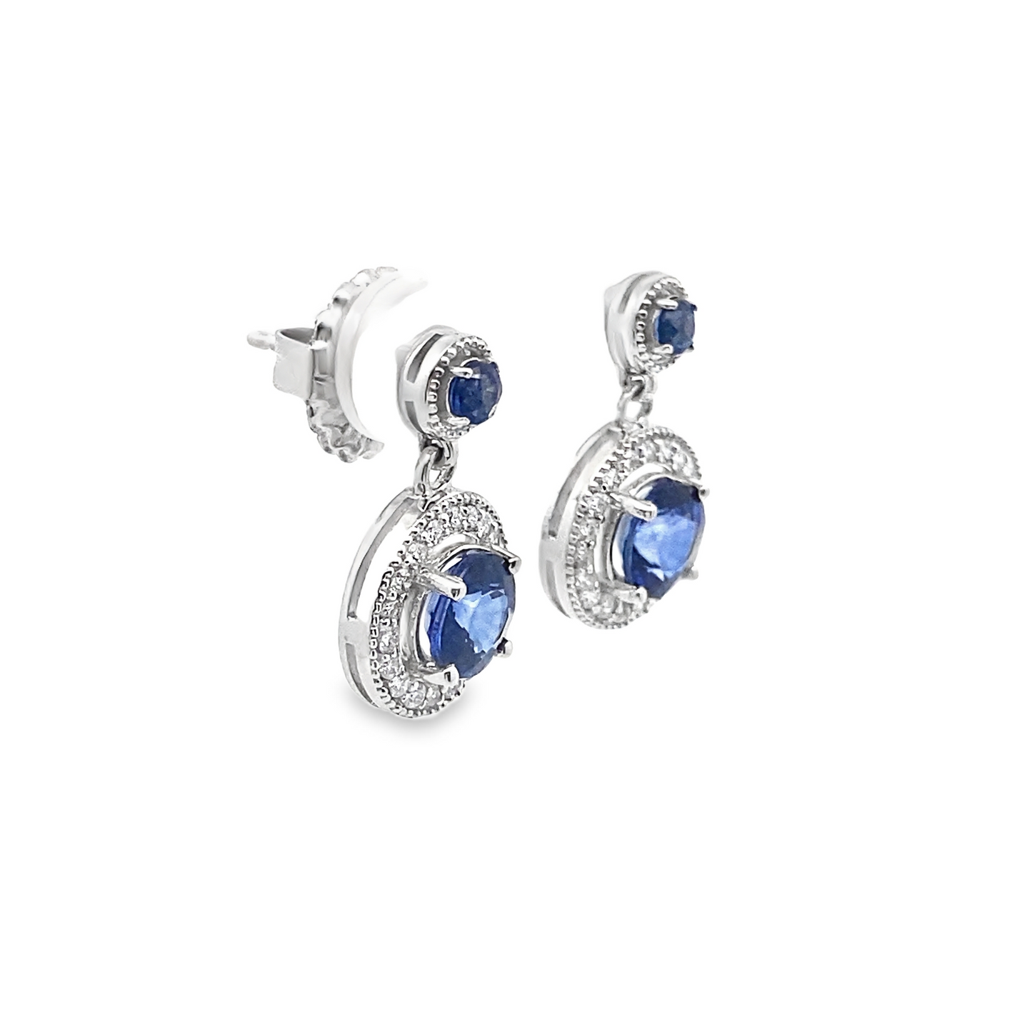 Halo Sapphire and Diamond Drop Earrings in 14K White Gold