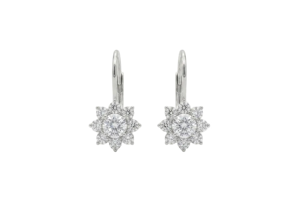 Round Cut Diamond Cluster Sunburst Drop Earrings