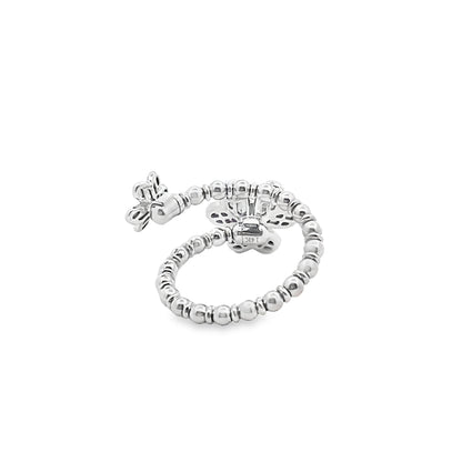 Beaded Double Flower Ring with an Emerald and Diamond Center in 14K White Gold