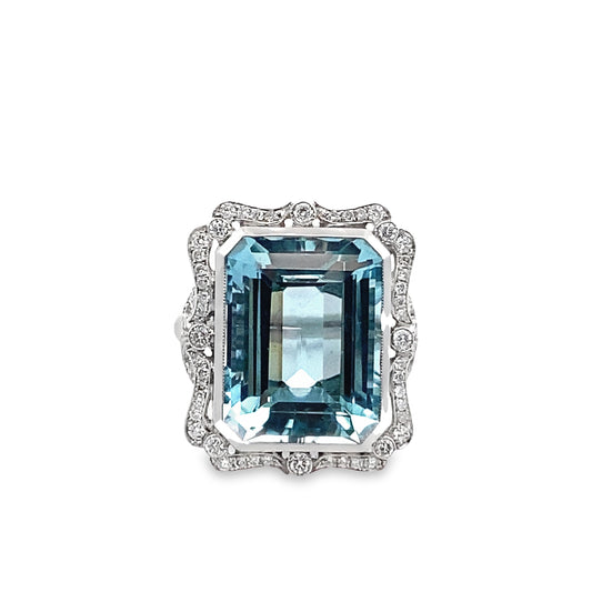 Aquamarine Statement Ring with Pave Diamonds in 18K White Gold