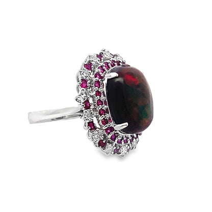 Black Opal, Ruby and Diamond Statement Ring in 14K White Gold