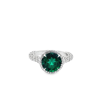 Round-Cut Emerald and Diamond Ring in 14K White Gold