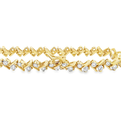 Vintage-Style Feather Diamond Tennis Bracelet Cross Design in 14K Yellow Gold
