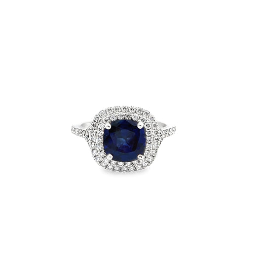 Double Halo Sapphire and Diamond Ring in 14K White Gold