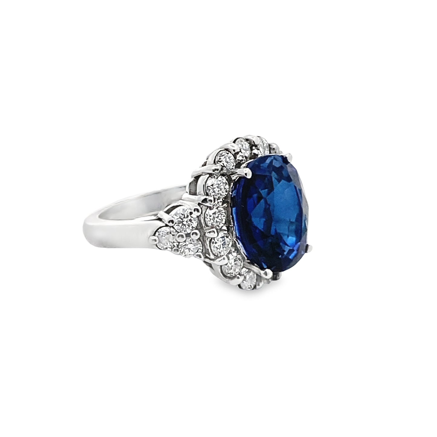 Prong-Set Oval Blue Sapphire Ring with Diamond Halo in 14K White Gold