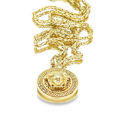 Versace Style Medusa Pendant Necklace with Byzantine Chain in 14K Yellow Gold