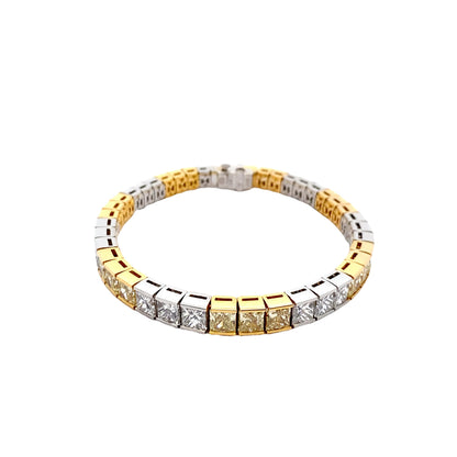 Yellow and White Diamond Princess Cut Tennis Bracelet in 18K Gold and Platinum Two Tone