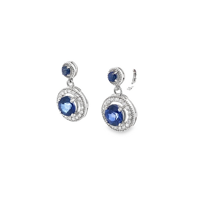 Halo Sapphire and Diamond Drop Earrings in 14K White Gold