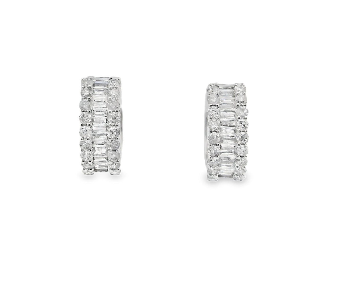 Baguette and Round Cut Diamond Hoop Huggies Earrings in 14K White Gold