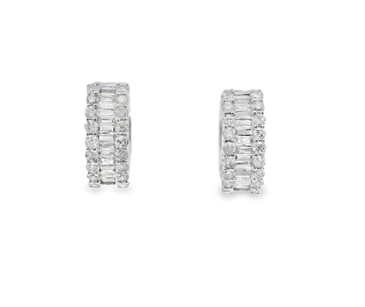 Baguette and Round Cut Diamond Hoop Huggies Earrings in 14K White Gold
