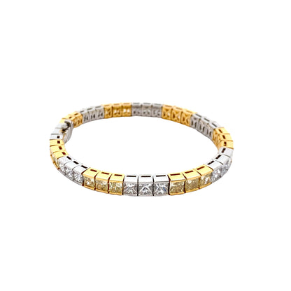 Yellow and White Diamond Princess Cut Tennis Bracelet in 18K Gold and Platinum Two Tone