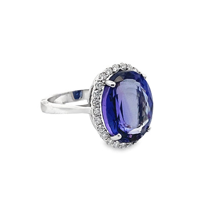 Oval-Cut Tanzanite Ring with Diamond Halo in 14K White Gold