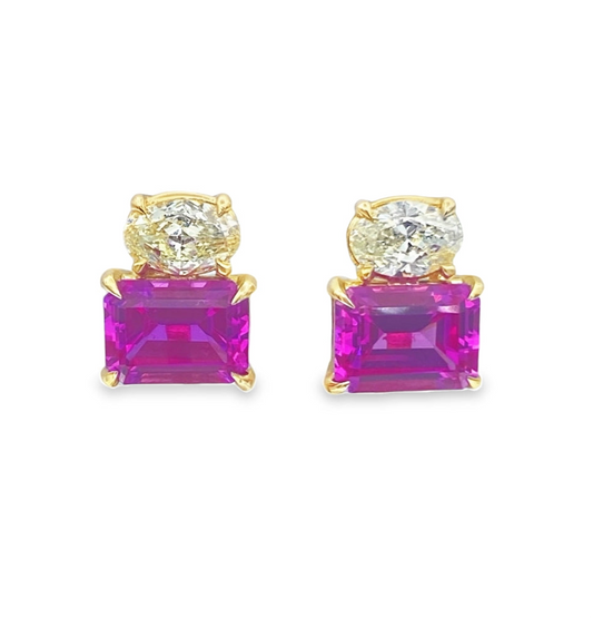 Pink Sapphire & Yellow Diamond Stud Earrings in 14K Yellow Gold