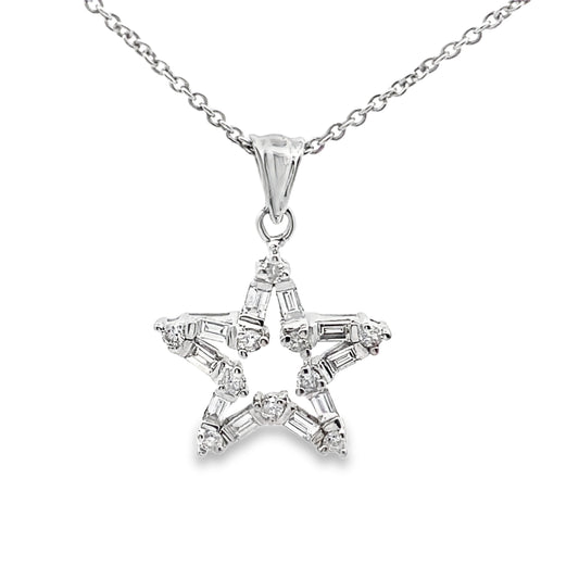 Baguette-Cut and Round-Cut Diamond Star Shape Pendant Necklace in 14K White Gold