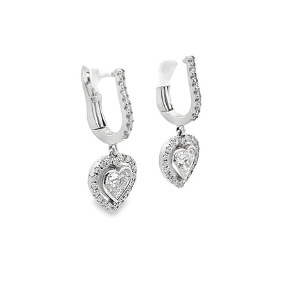 Heart Shape Diamond Halo Drop Earrings in 14K White Gold