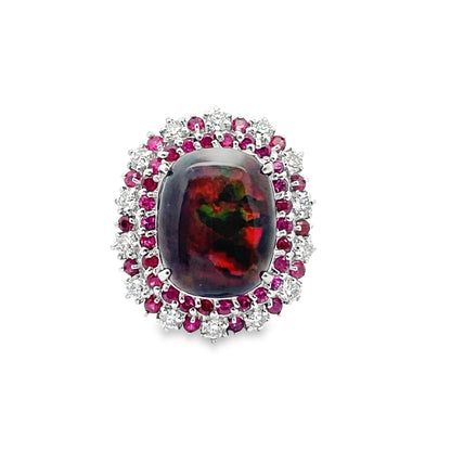 Black Opal, Ruby and Diamond Statement Ring in 14K White Gold