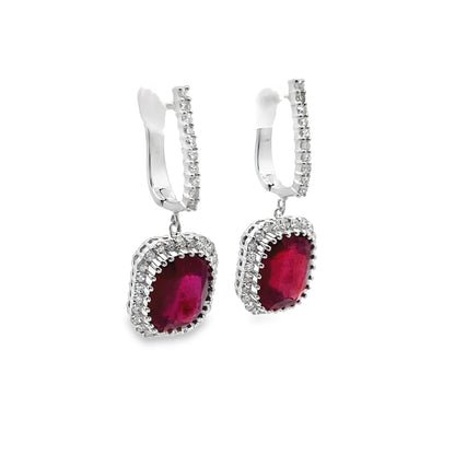 Ruby Leverback Drop Earrings with Diamond Halo in 14K White Gold