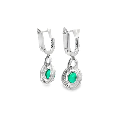 Emerald Leverback Dangle Earrings with Diamond Halo in 14K White Gold