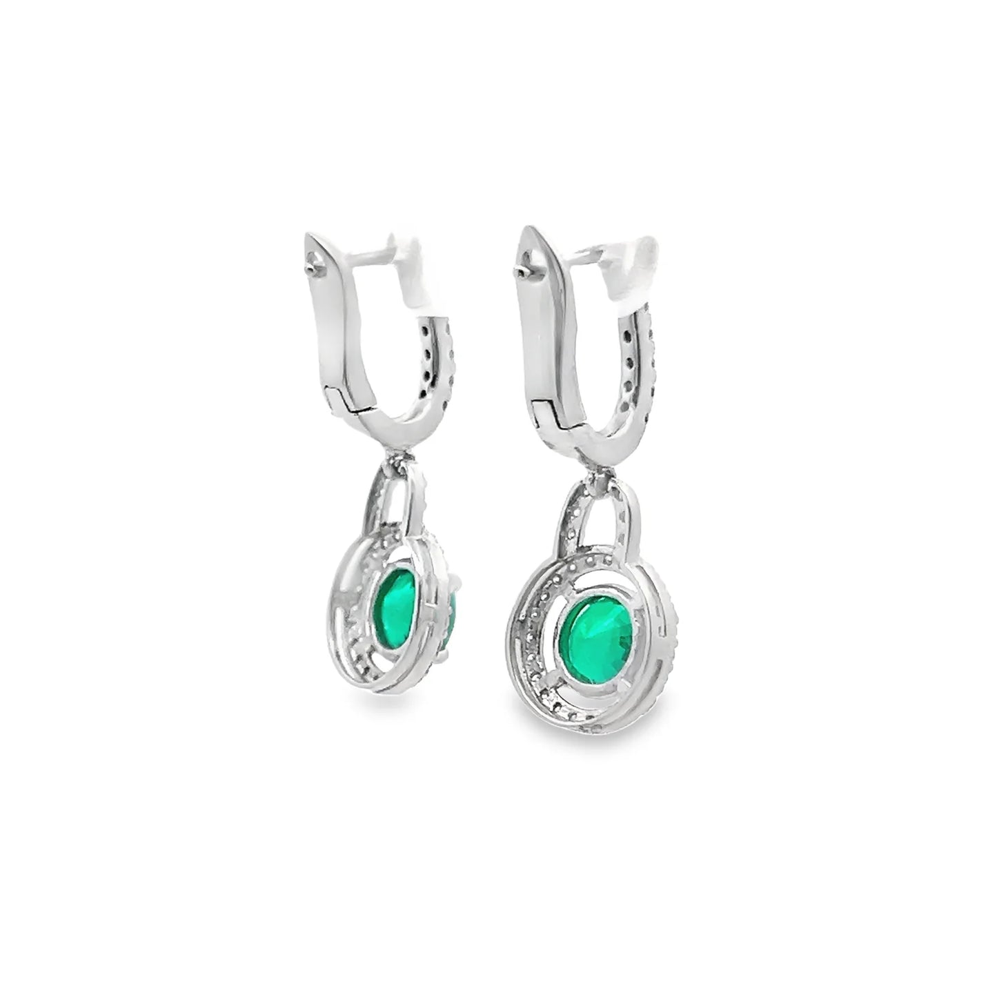 Green Emerald Dangle Earrings with Diamond Halo in 14K Gold