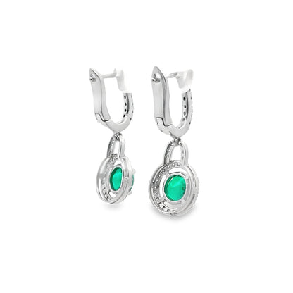 Green Emerald Dangle Earrings with Diamond Halo in 14K Gold
