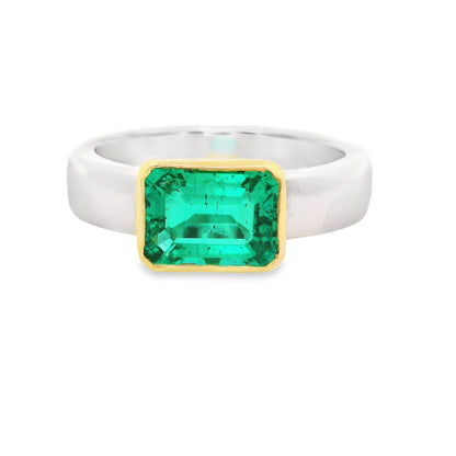 Sideways Green Emerald Ring in Platinum and Yellow Gold