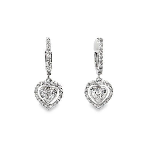 Heart Shape Diamond Halo Drop Earrings in 14K White Gold