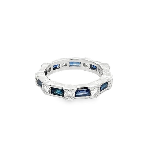 Baguette Cut Sapphire and Round Cut Diamond Eternity Ring in 14K White Gold