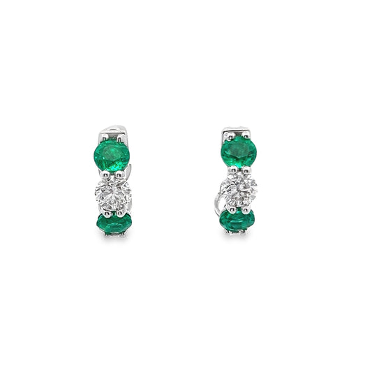 Alternating Emerald and Diamond Hoop Earrings in 14K White Gold