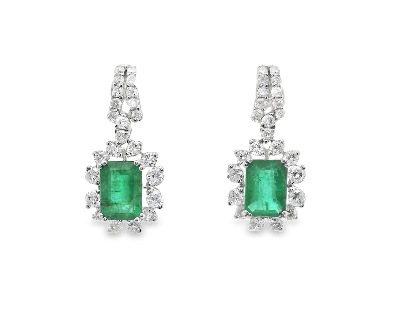 Blue or Green Sapphire Drop Earrings with Diamond Halo in 18K White Gold