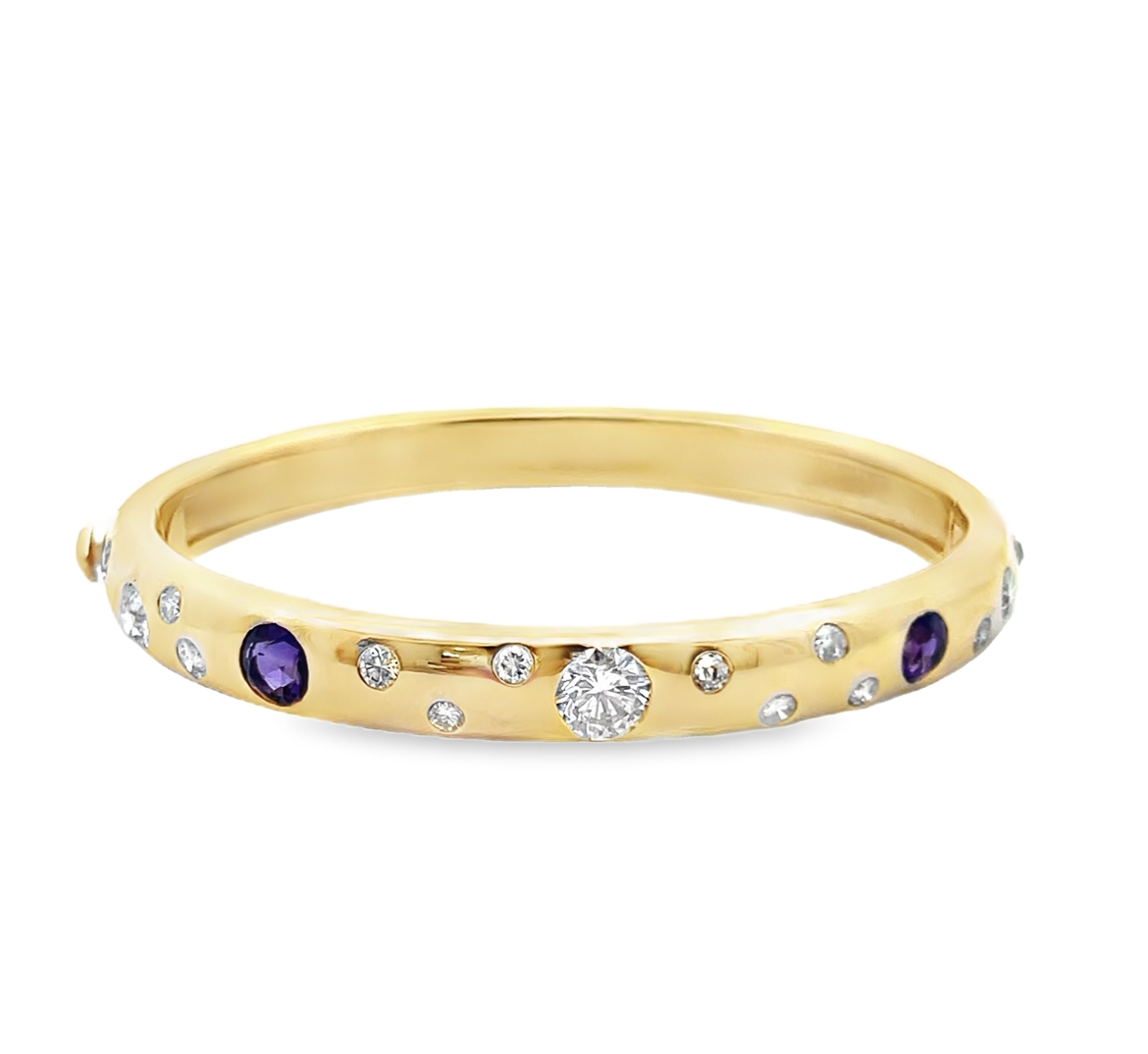 Amethyst and Diamond 14K Gold Bangle Bracelet