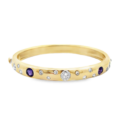 Amethyst and Diamond 14K Gold Bangle Bracelet