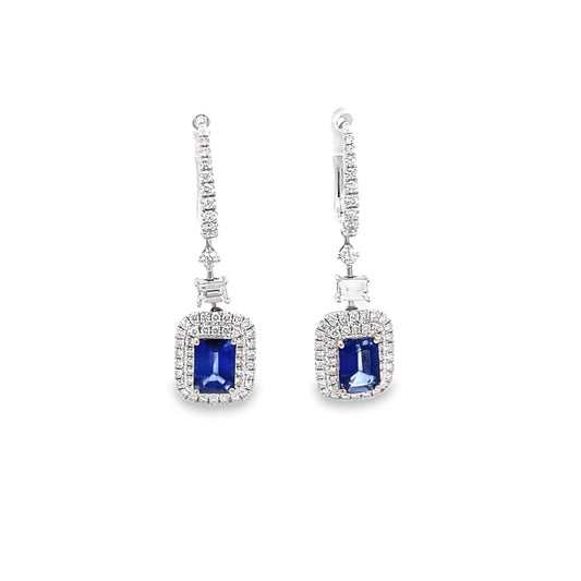 Blue Sapphire Lever back Dangle Earrings with Double Diamond Halo in 18K White Gold