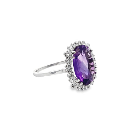 Amethyst Ring with a Diamond Halo in 14k White Gold