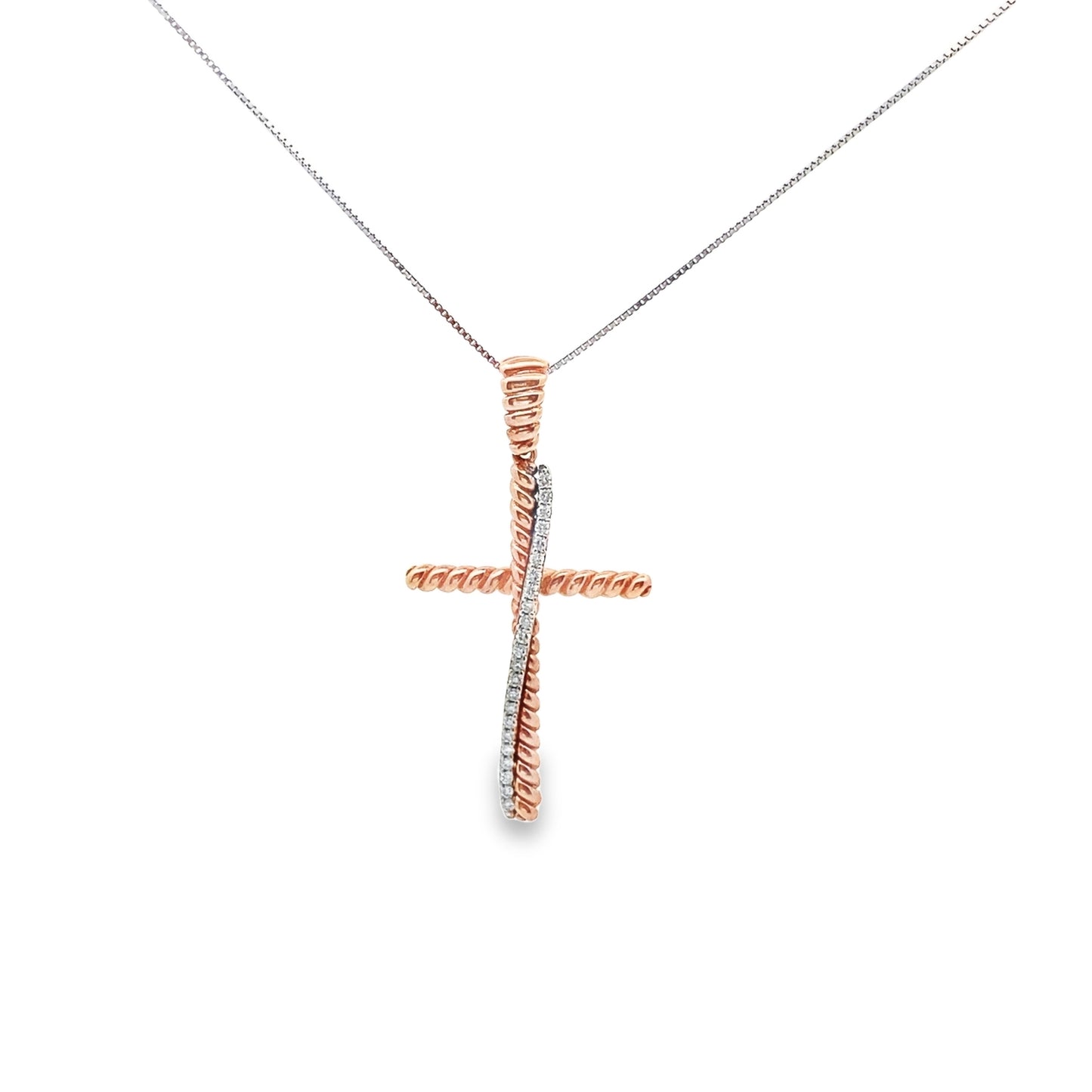 Wrap Around Diamond Cross Necklace in 14K White and Rose Gold