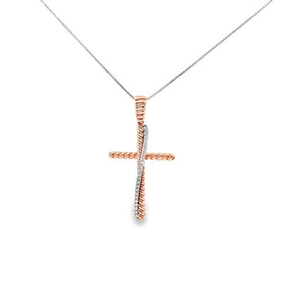 Wrap Around Diamond Cross Necklace in 14K White and Rose Gold