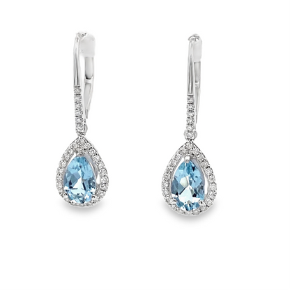 Aquamarine and Diamond Tear Drop Earrings in 14K White Gold