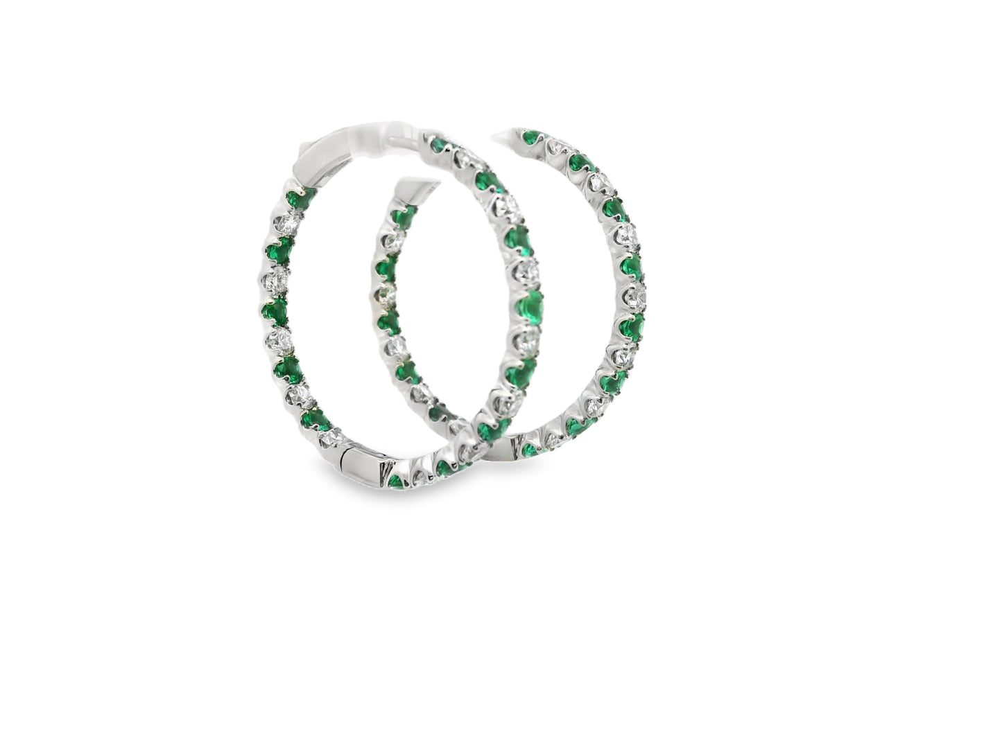 Inside-Out Alternating Emerald and Diamond Hoop Earrings in 14K White Gold